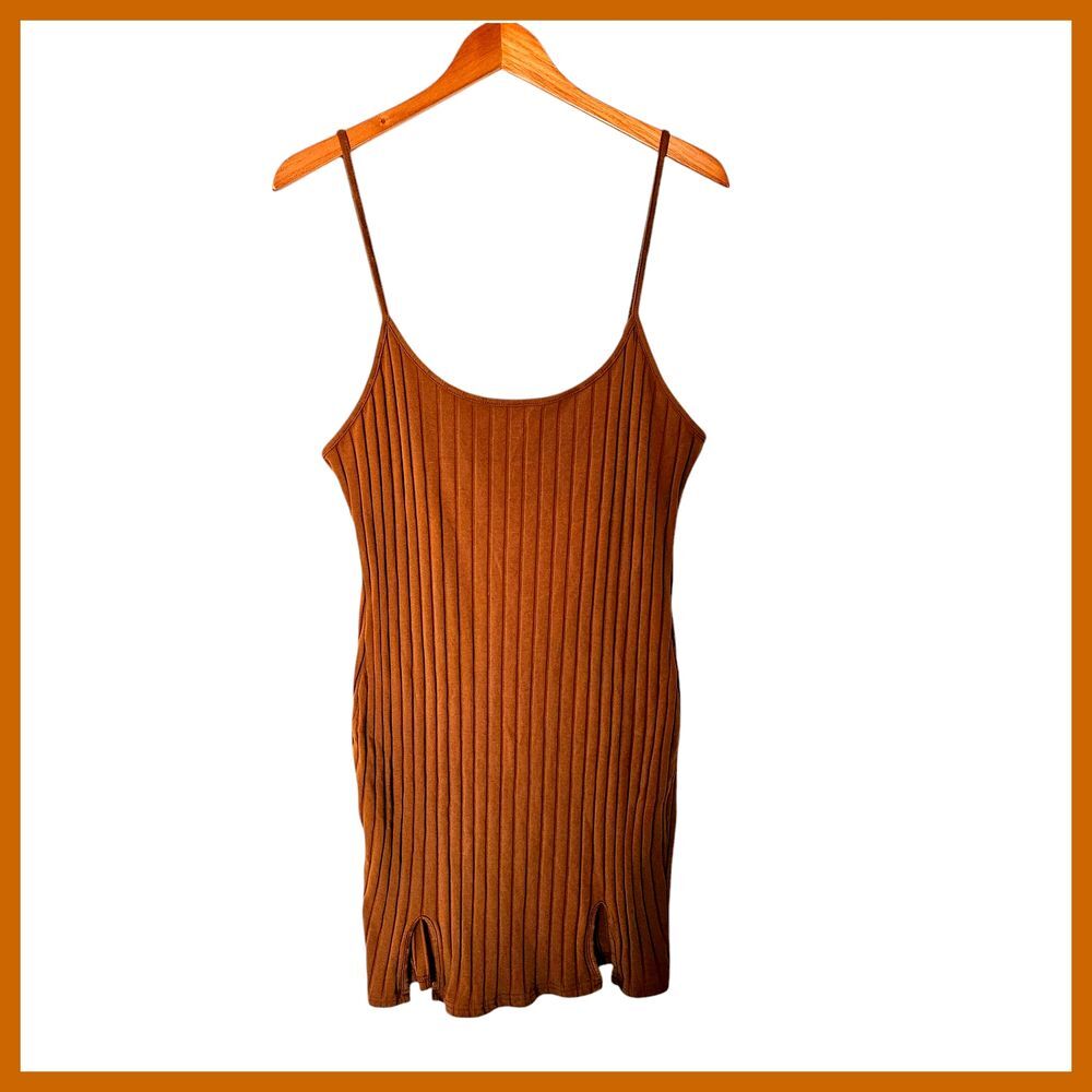 SHEIN Curve Brown Ribbed Knit Bodycon Mini Dress with‎ Side Slits Plus Size 2XL
